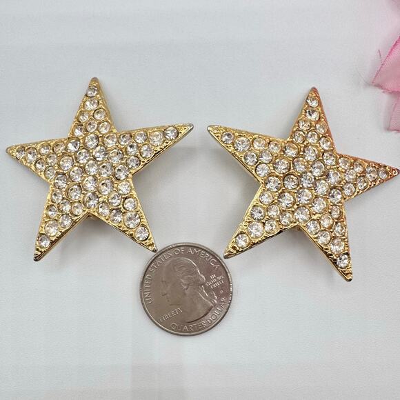Vintage Tara Rhinestone Star Clip On Earrings Pave Huge Gold Tone Runway Signed - Picture 13 of 16